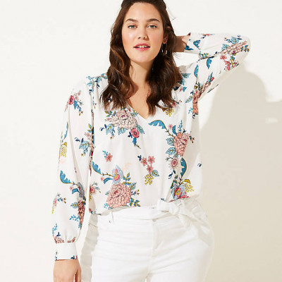 Loft Plus Floral V-Neck Puff Sleeve Blouse