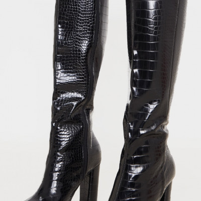 Black Round Block Heel Knee High Boots