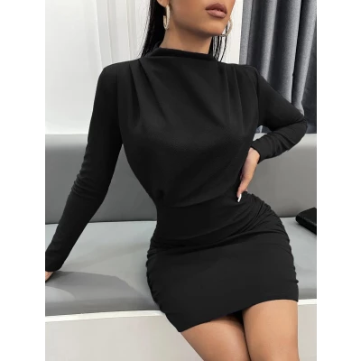 Mock Neck Ruched Bodycon Dress