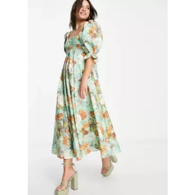 Empire midi dress with full skirt in green floral print