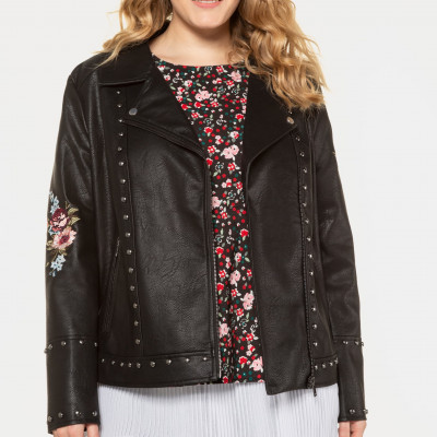 Floral Embroidered Faux Leather Lined Jacket