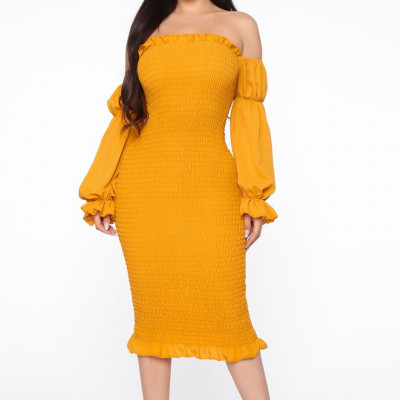 Soft Lover Smocked Midi Dress - Mustard