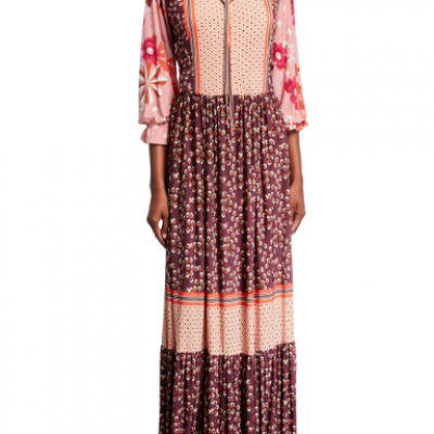 Red Pear Blossom Tie Neck Full Length Dress