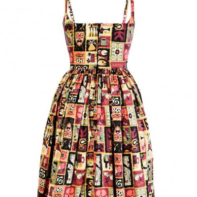 Pinup Couture Jenny Dress In Brown And Red Tiki Tiles Printed Cotton Sateen