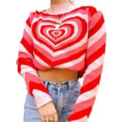 Angashion Women's Pullover Sweaters Casual Heart Printed Mock Neck Long Sleeve Color Block Knit Y2K Sweater Tops