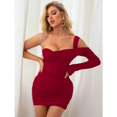 One Shoulder Cut Out Ruched Side Mesh Bodycon Dress