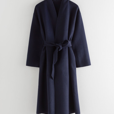 Belted Wool Blend Coat - Navy - Woolcoats