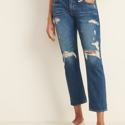 Mid-Rise Distressed Boyfriend Straight Jeans for Women