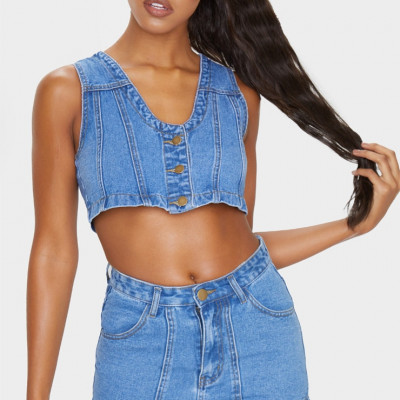 Mid Blue Wash Denim Button Up Shorts