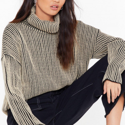 Womens Stripe and Wrong Turtleneck Jumper - Beige - L/XL, Beige