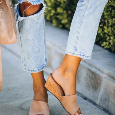 Naomi Faux Suede Square Toe Wedge - Nude