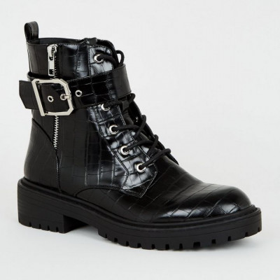 Black Faux Croc Lace Up Boots