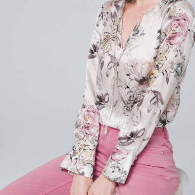 Silk Floral-Print Tie-Neck Blouse