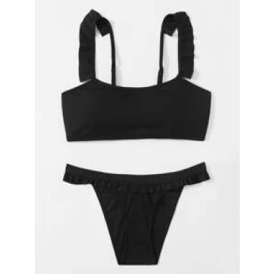 Rib Frill Trim Bikini Swimsuit