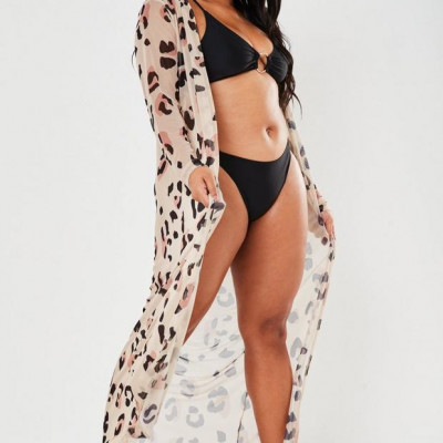 Plus Size Nude Leopard Print Mesh Maxi Beach Kimono