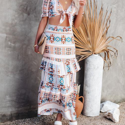 Acai Printed Ruffle Tiered Midi Skirt