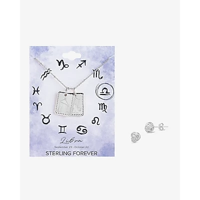 Sterling Forever Zodiac Tag Necklace (Libra) & Love Knot Earrings Gift Set Womens Silver