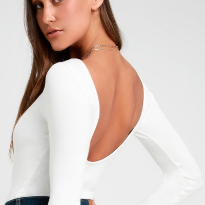 Graciously Yours White Long Sleeve Scoop Back Bodysuit | Lulus