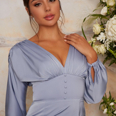 Satin Bridesmaid Midi Dress With Long Sleeve In Blue