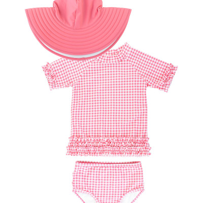 Girls Gingham Ruffle Rash Guard Bikini w/ Sun Hat