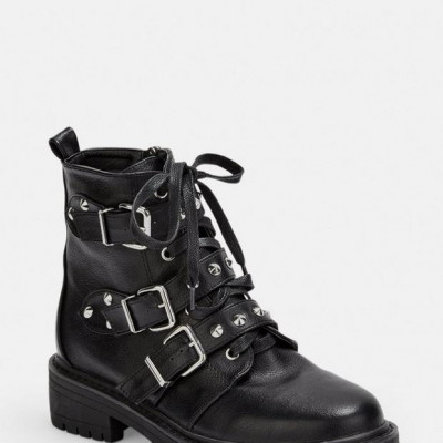 Black Wide Fit Triple Strap Studded Boots