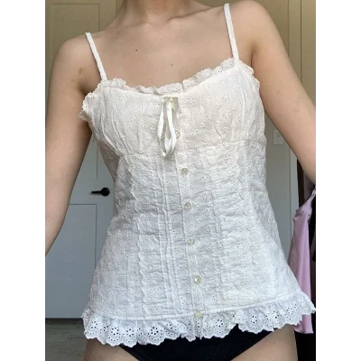 Button Broidered Lace Cami Top