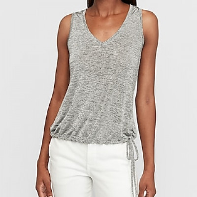 Semi-Sheer Heathered Cinched Hem V-Neck Easy Tank Gray Womens