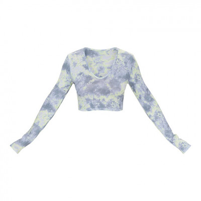 Grey Tie Dye Print V Neck Long Sleeve Crop Top