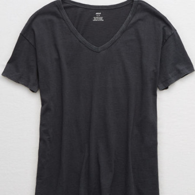 Aerie Boyfriend Distressed V-Neck Oversized T-Shirt Womens Smoked Gray