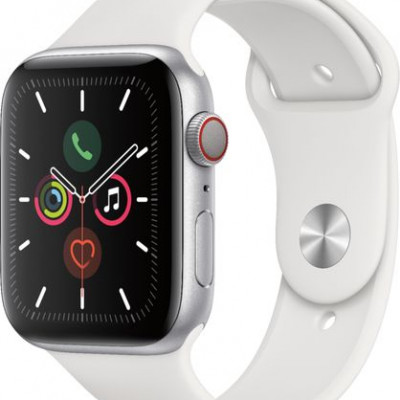 Apple Watch Series 5 (GPS + Cellular) 44mm Silver Aluminum Case with White Sport Band - Silver Aluminum