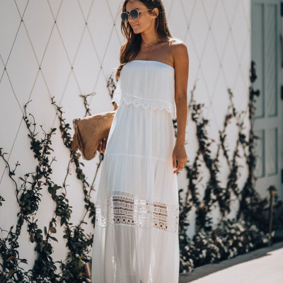 Occupy My Heart Strapless Crochet Tiered Maxi Dress
