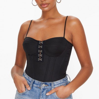 Black Woven Hook And Eye Structured Corset Long Top