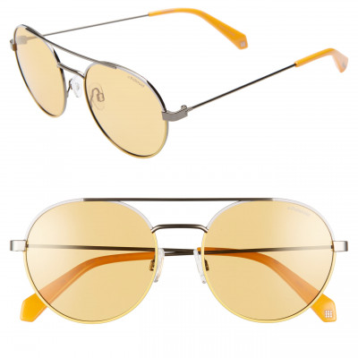 Womens Polaroid 55Mm Polarized Round Aviator Sunglasses - Yellow/ Silver