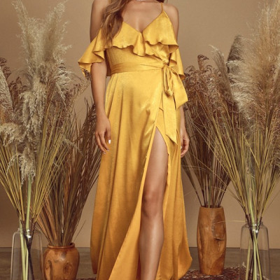 Moriah Mustard Yellow Satin Wrap Maxi Dress | Lulus