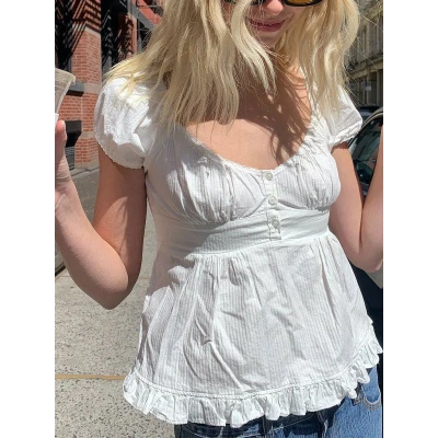 Puff Sleeve Buttoned Ruffle Blouse