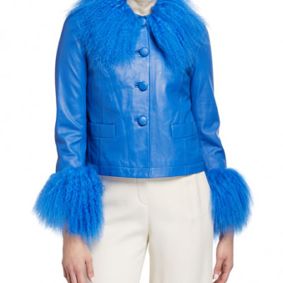 Dorthe Lamb Leather Shearling-Collar & Cuff Jacket, Blue