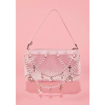 Sugar Thrillz Pearl Rosary Cross Charm Shoulder Bag - Pink Velvet