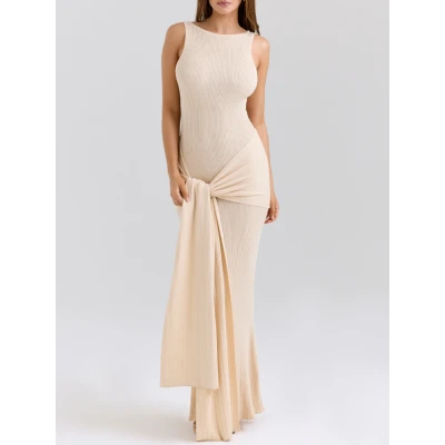 AKAIA Champagne Draped Silky Knit Maxi Dress | Nordstrom