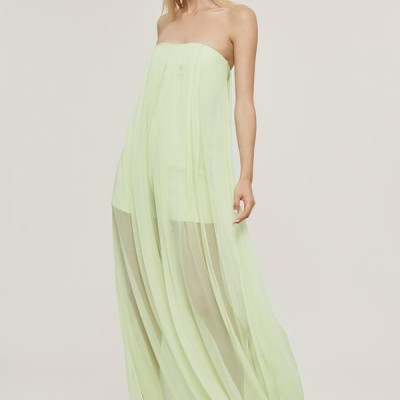 Celery Silk Chiffon Strapless Wide Leg Jumpsuit