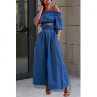 Lovely Casual Off The Shoulder Ruffle Design Blue Two-piece Pants Set