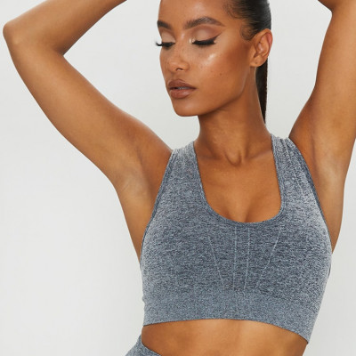PRETTYLITTLETHING Grey Marl Racer Back Padded Seamless Top