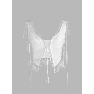 Tie Front Lace Trim White Tank Top