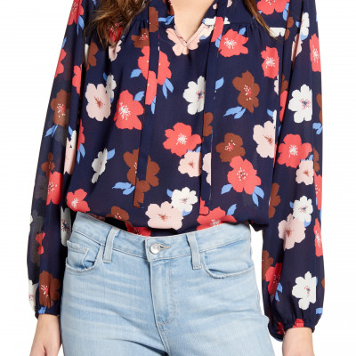 Womens Gibson X International Womens Day Curves To Contour Tie Neck Flowy Blouse