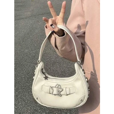 Y2K Aesthetic Biker Style Vintage Star Shoulder Bag, Suitable For Women To Attend Parties, Festivals, And Other Activities Trendy Star Print Women Bag, Trendy Stars Hollow Women Bag