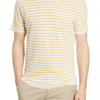 Mens Hartford Stripe Linen & Cotton T-Shirt,- Yellow