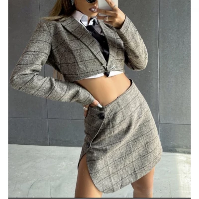 Plaid Print Crop Blazer & Skirt