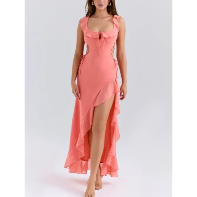 ALOURA Coral Georgette Ruffle Maxi Dress | Nordstrom