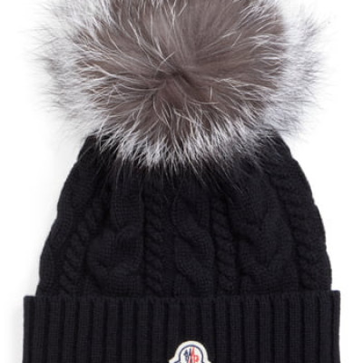 Womens Moncler Cable Knit Beanie With Genuine Fox Fur Pom - Black