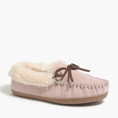 Suede faux-shearling moccasin slippers