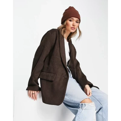 ASOS DESIGN smart oversized grandad wool mix blazer jacket in chocolate-Brown